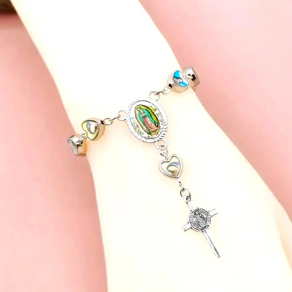 Lovely Heart Shaped Cross Pendant Rosary Bracelet, Virgin Charm Silver Plated‎